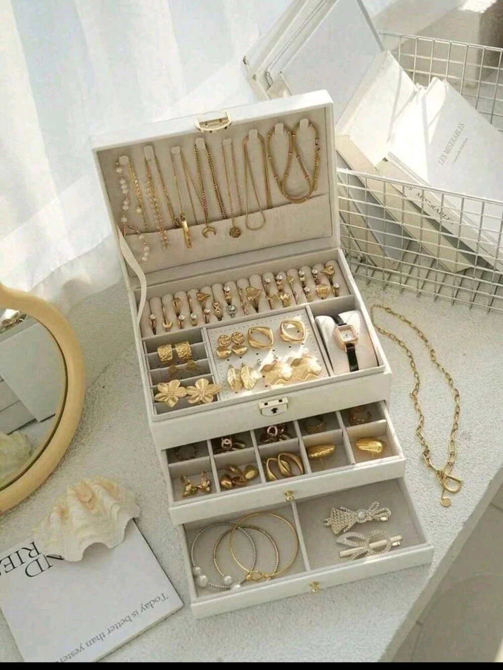 Women's Cream Jewelry Organizer Box with Gold Accents